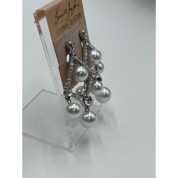 Kenneth Jay Lane White Pearl Crystal Silver‎ Tone Chandelier Clip Earrings New - Picture 8 of 14
